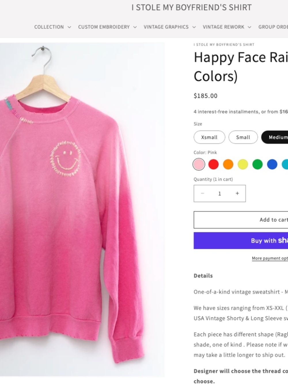 I STOLE MY BOYFRIEND’S SHIRT Happy Face Rainbow Sweatshirt Pink Vintage Smiley